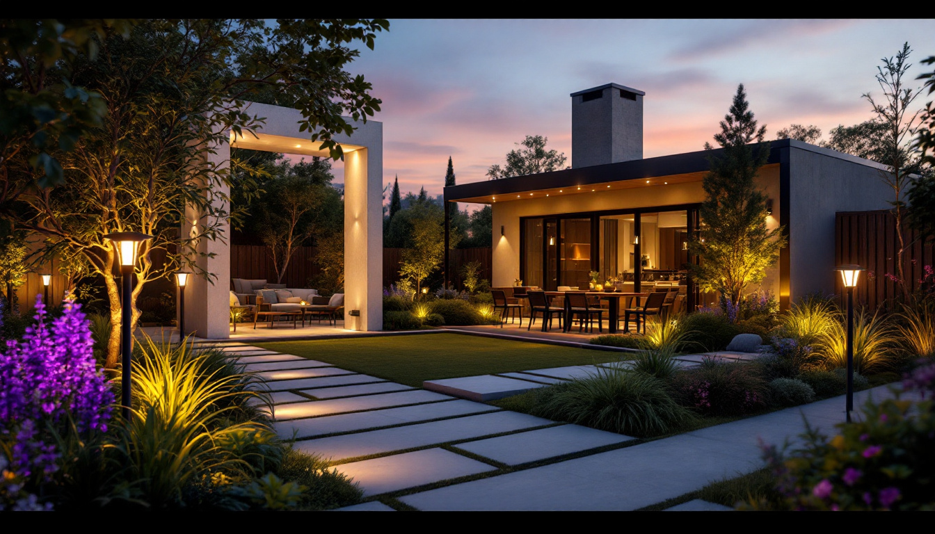 A photograph of a beautifully illuminated outdoor space featuring various styles of solar led lights in action at dusk