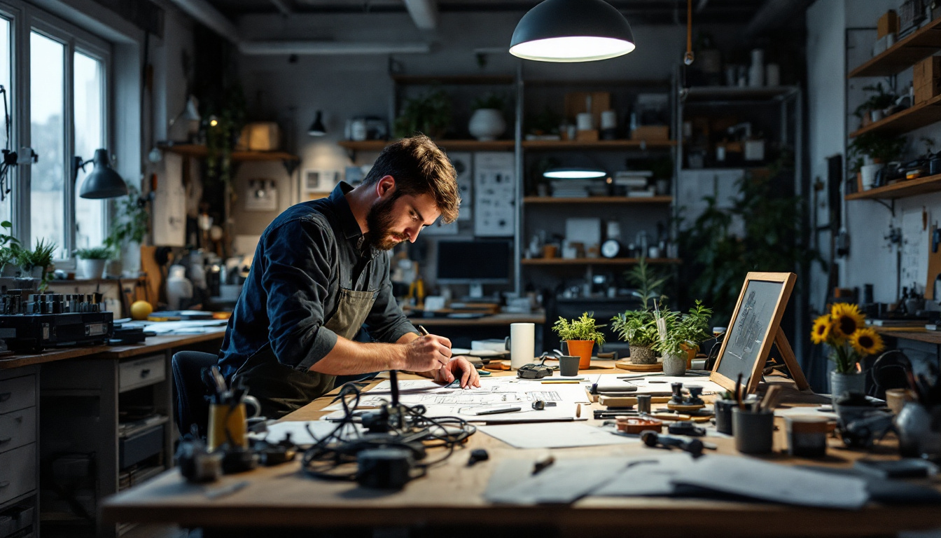 A photograph of a well-lit workspace where an electrical engineer is designing a 4-foot led fixture