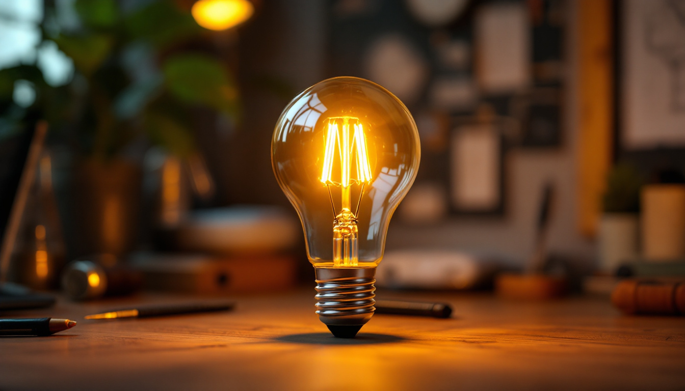 A photograph of a type g 25-watt light bulb illuminated in a cozy