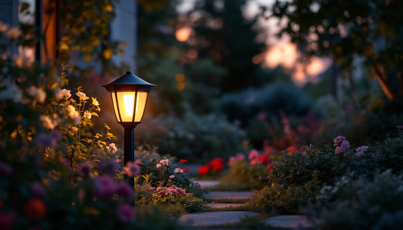 A photograph of a beautifully designed outdoor lighting fixture in a serene garden setting during twilight