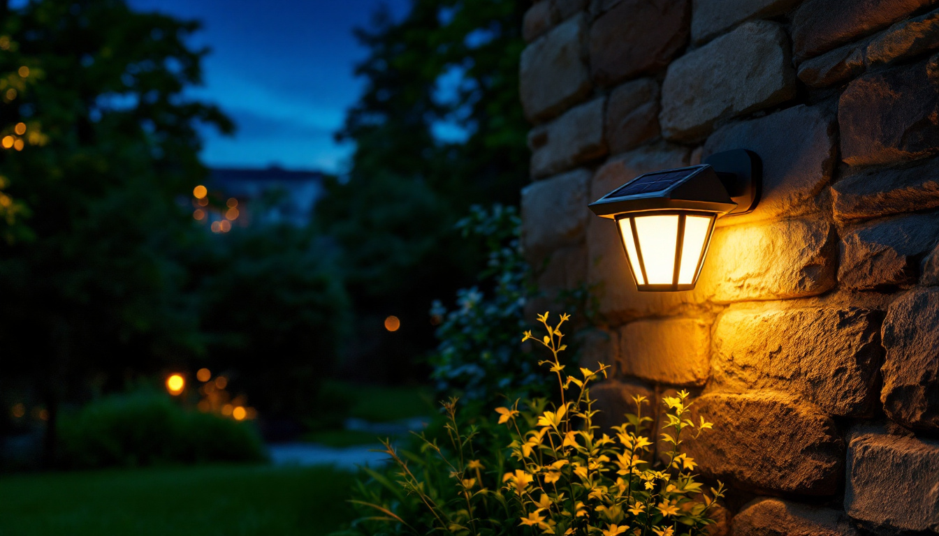 A photograph of a beautifully illuminated outdoor space at dusk featuring a stylish solar night light