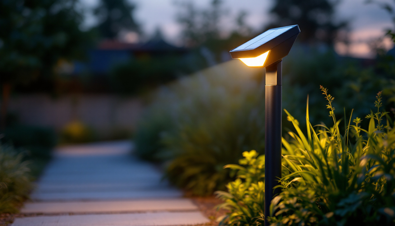 A photograph of a solar security lamp illuminating a pathway or outdoor space at dusk