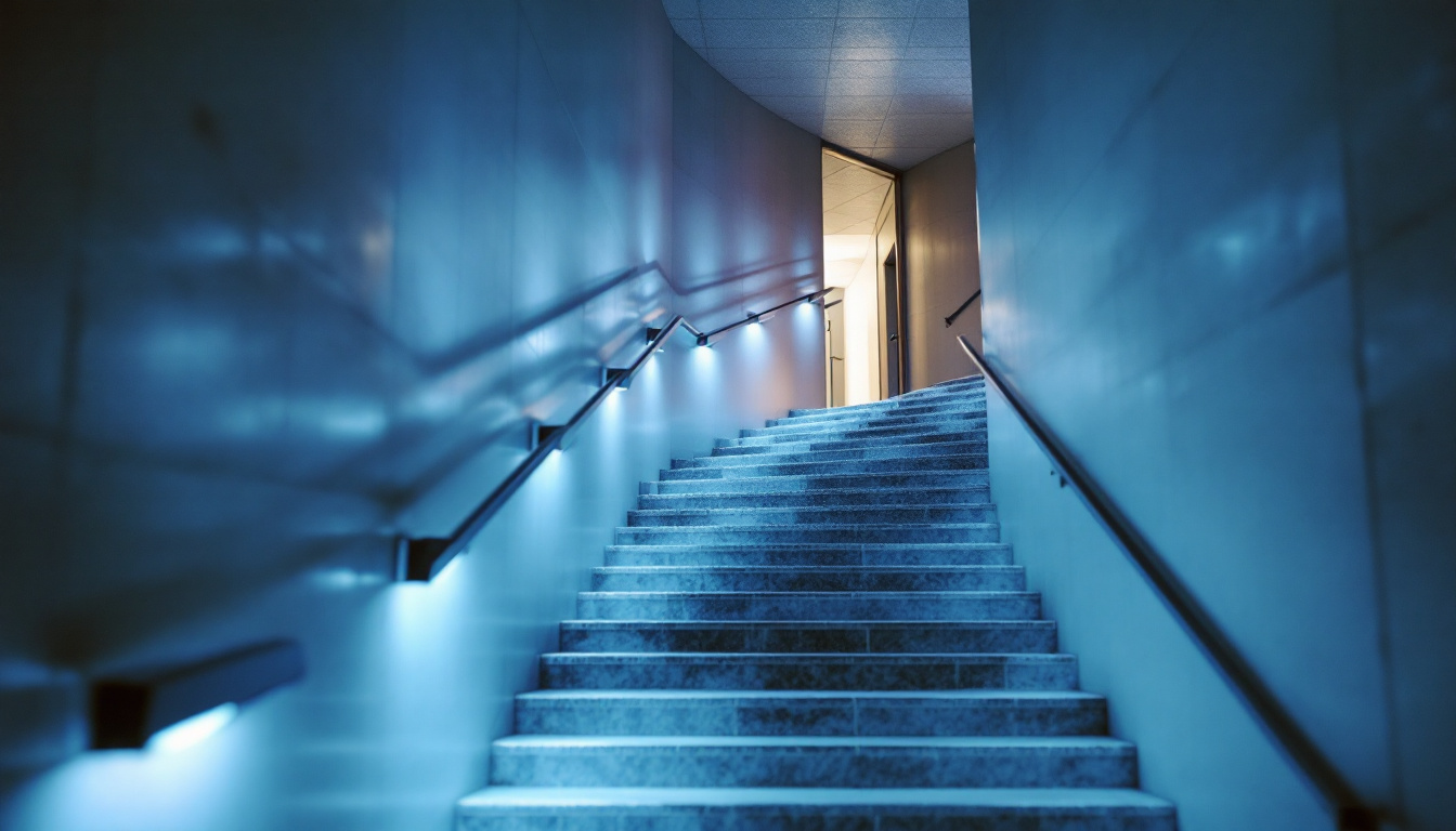 A photograph of a well-lit stairwell featuring modern energy-efficient light fixtures
