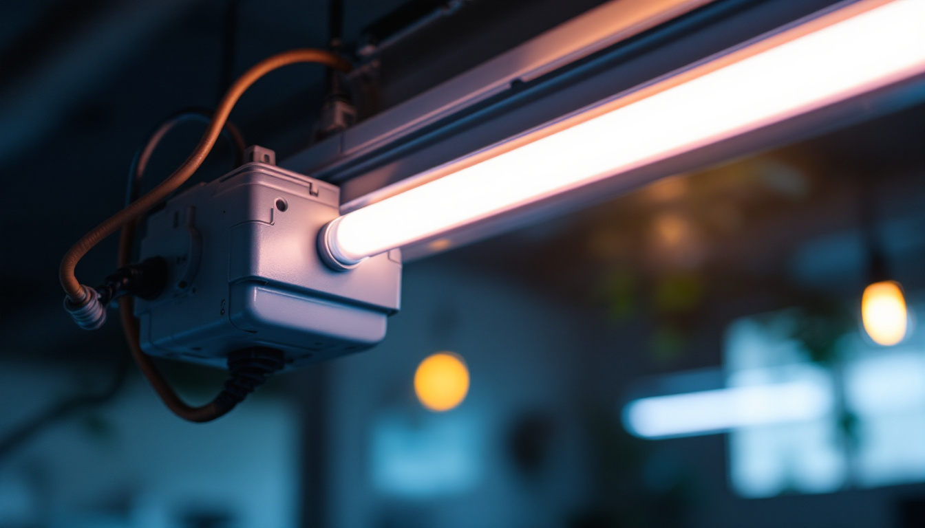 A photograph of a close-up of a ballast fluorescent light fixture