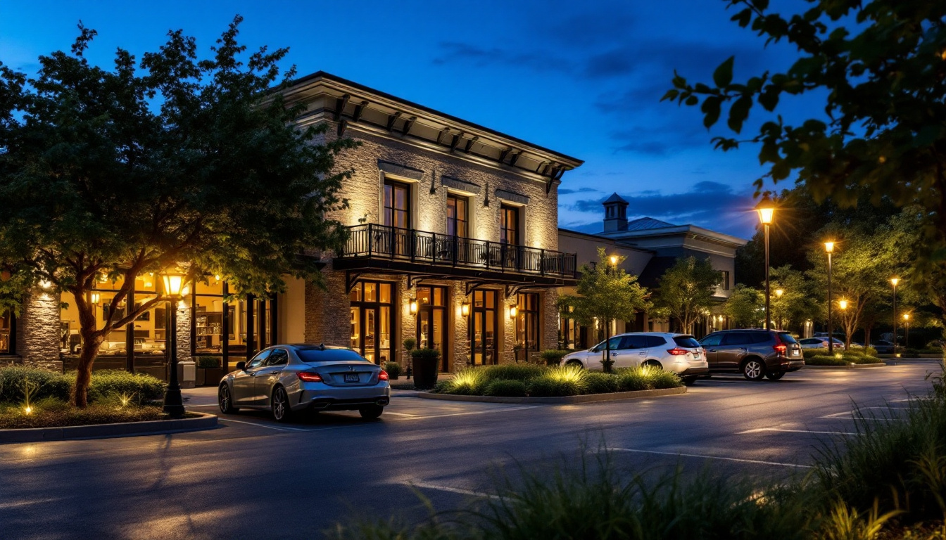 A photograph of a well-lit commercial exterior showcasing various led lighting installations