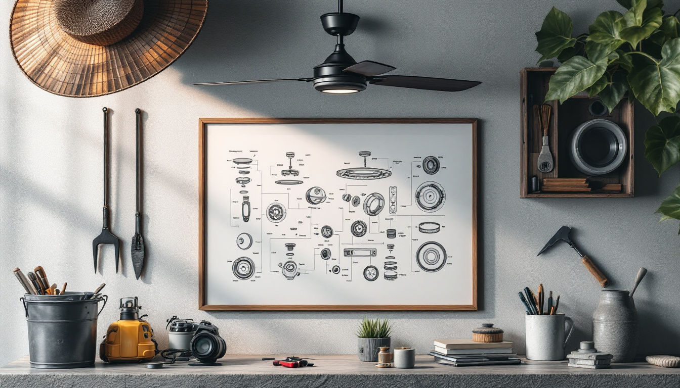 A photograph of a detailed ceiling fan parts diagram displayed on a clean workspace