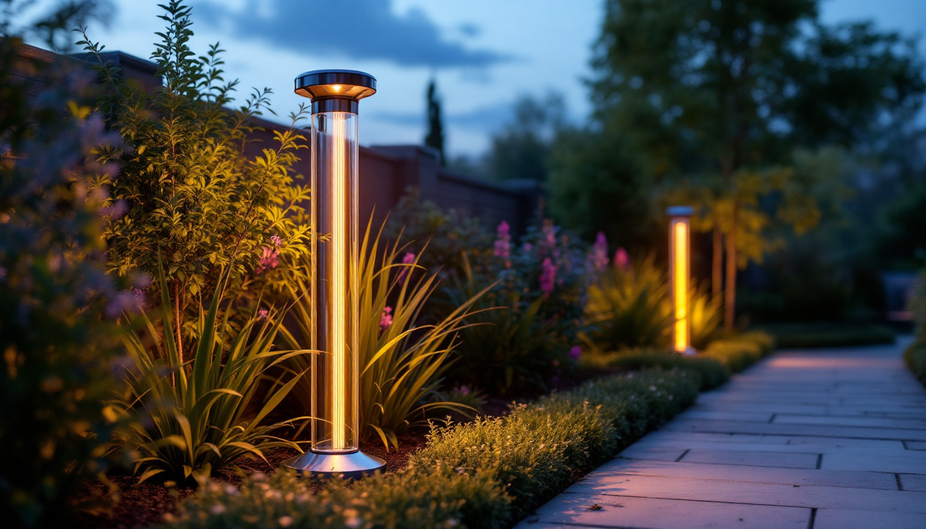 A photograph of capture a photograph of a tall solar lamp elegantly illuminating a serene outdoor space at dusk