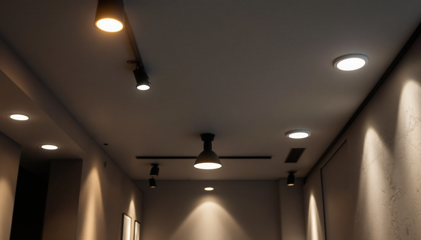A photograph of a modern interior space featuring various styles of recessed lighting