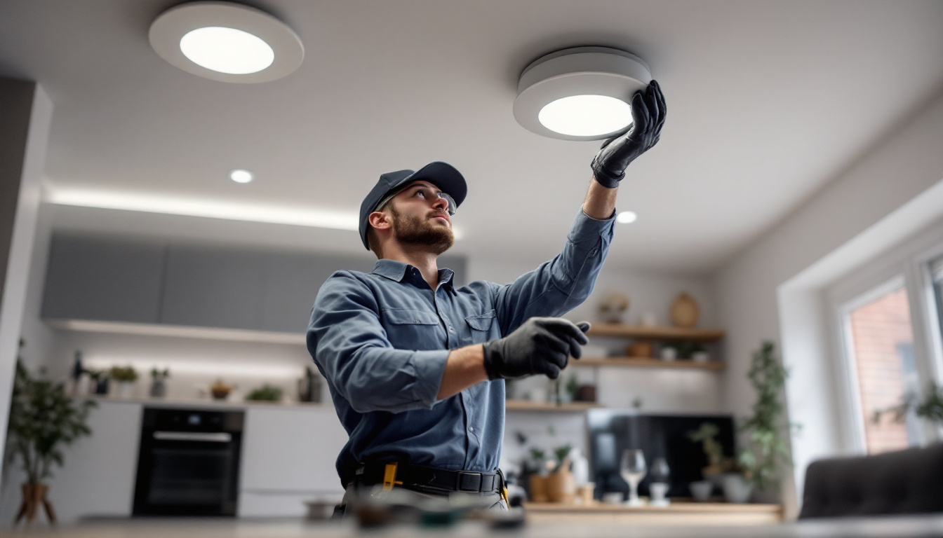 A photograph of a modern electrical engineer installing recessed light cans in a stylish home setting