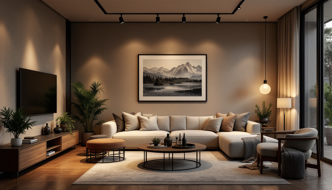 A photograph of a stylish living room featuring modern track lighting that highlights the space's design elements