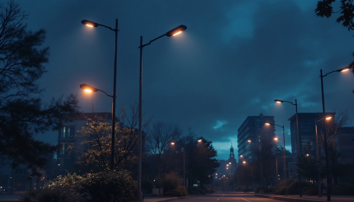A photograph of a well-lit urban street scene featuring modern led streetlights illuminating the area