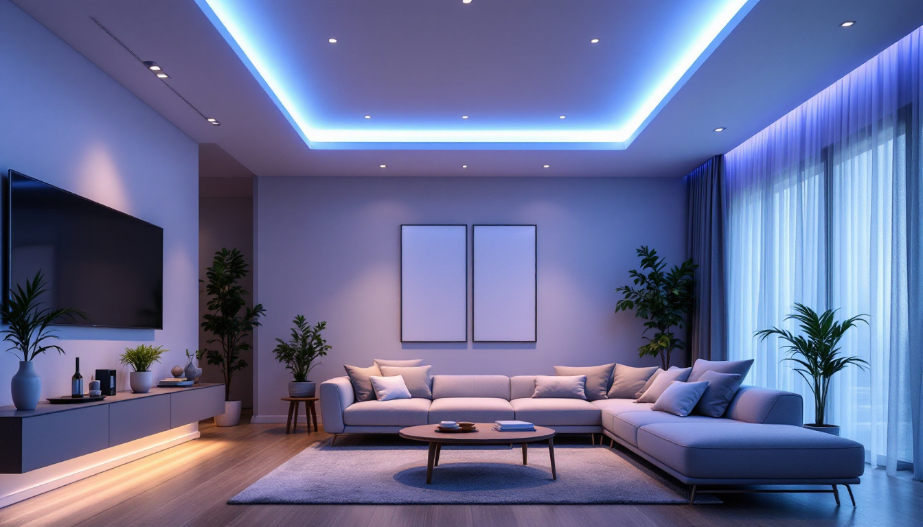 A photograph of a modern living space featuring sleek led recessed ceiling lights