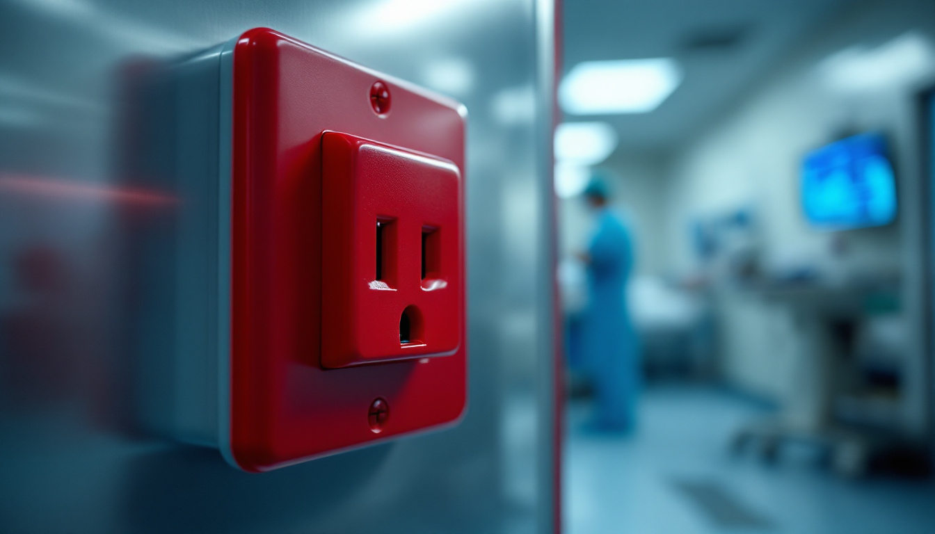A photograph of a close-up of a red electrical outlet in a hospital setting