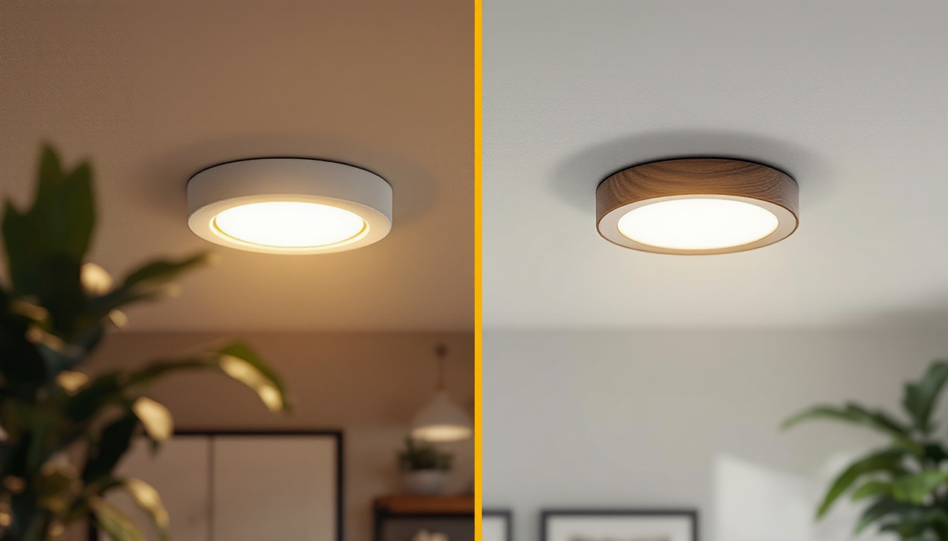A photograph of a side-by-side comparison of stylish replacement recessed light covers and traditional lighting options in a well-lit room