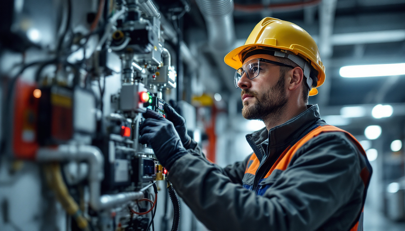 A photograph of a lighting engineer inspecting an emergency ballast system in a commercial building