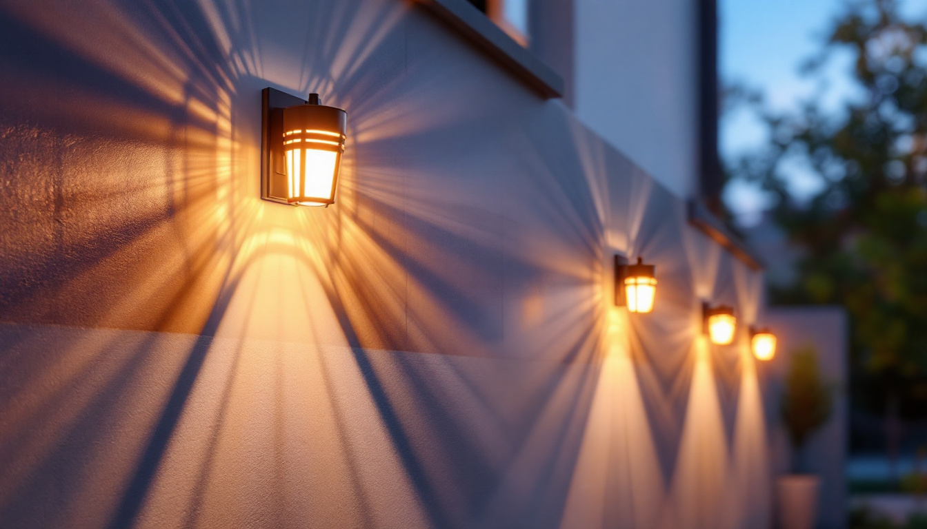 A photograph of a beautifully illuminated outdoor space featuring solar wall-mounted lights in action during dusk
