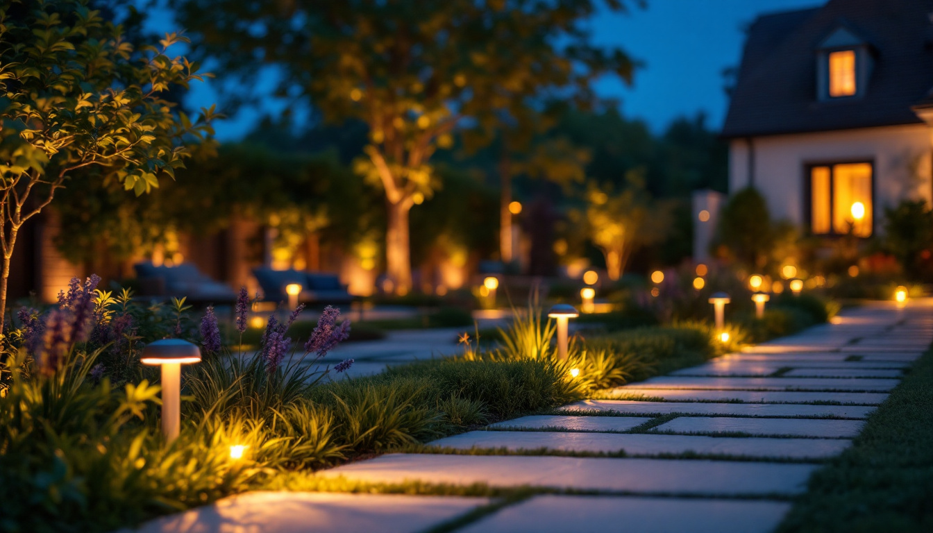 A photograph of a beautifully illuminated outdoor space featuring solar-powered landscape lights