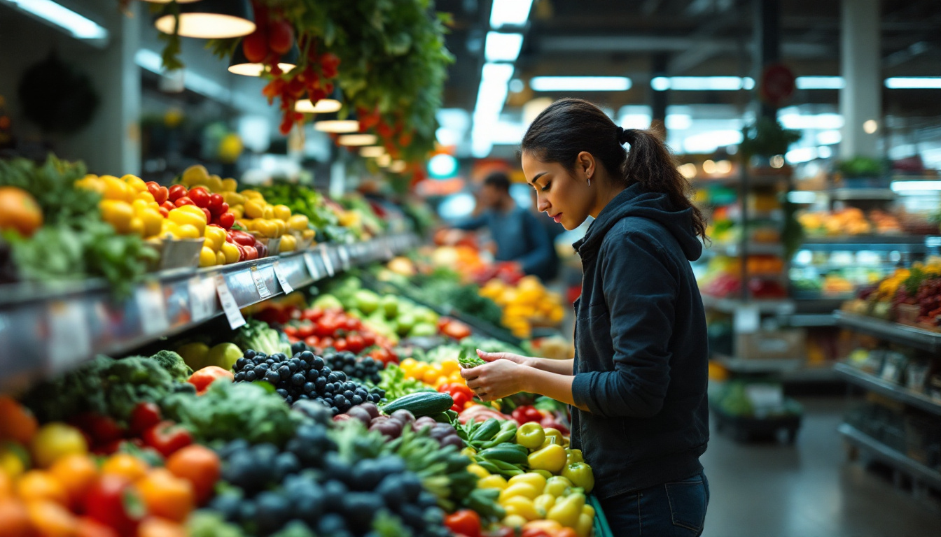 A photograph of a vibrant grocery produce section