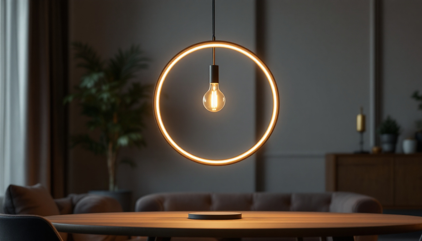 A photograph of a beautifully designed circular pendant light hanging in a stylish interior setting