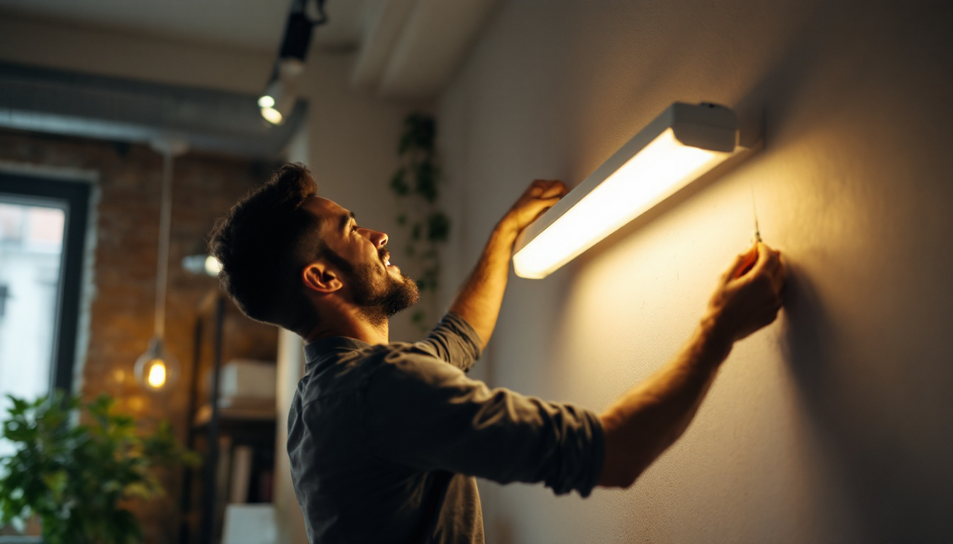 A photograph of a person confidently replacing a fluorescent light fixture in a well-lit workspace