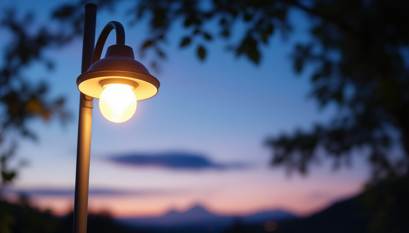 A photograph of a dusk-to-dawn light fixture illuminating a serene outdoor setting at twilight