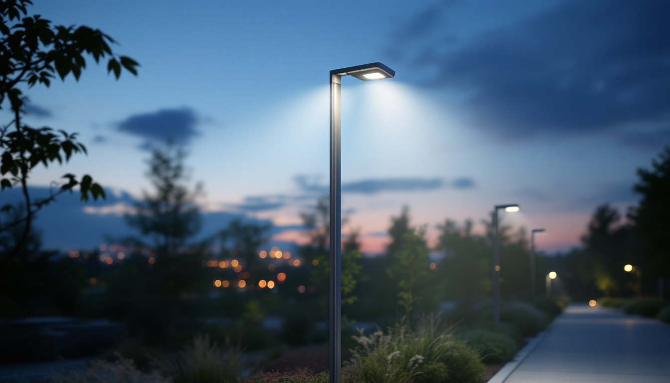 A photograph of a modern outdoor light pole illuminated at dusk