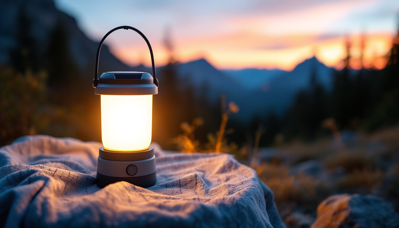 A photograph of a solar camp lamp illuminating a cozy outdoor setting at dusk