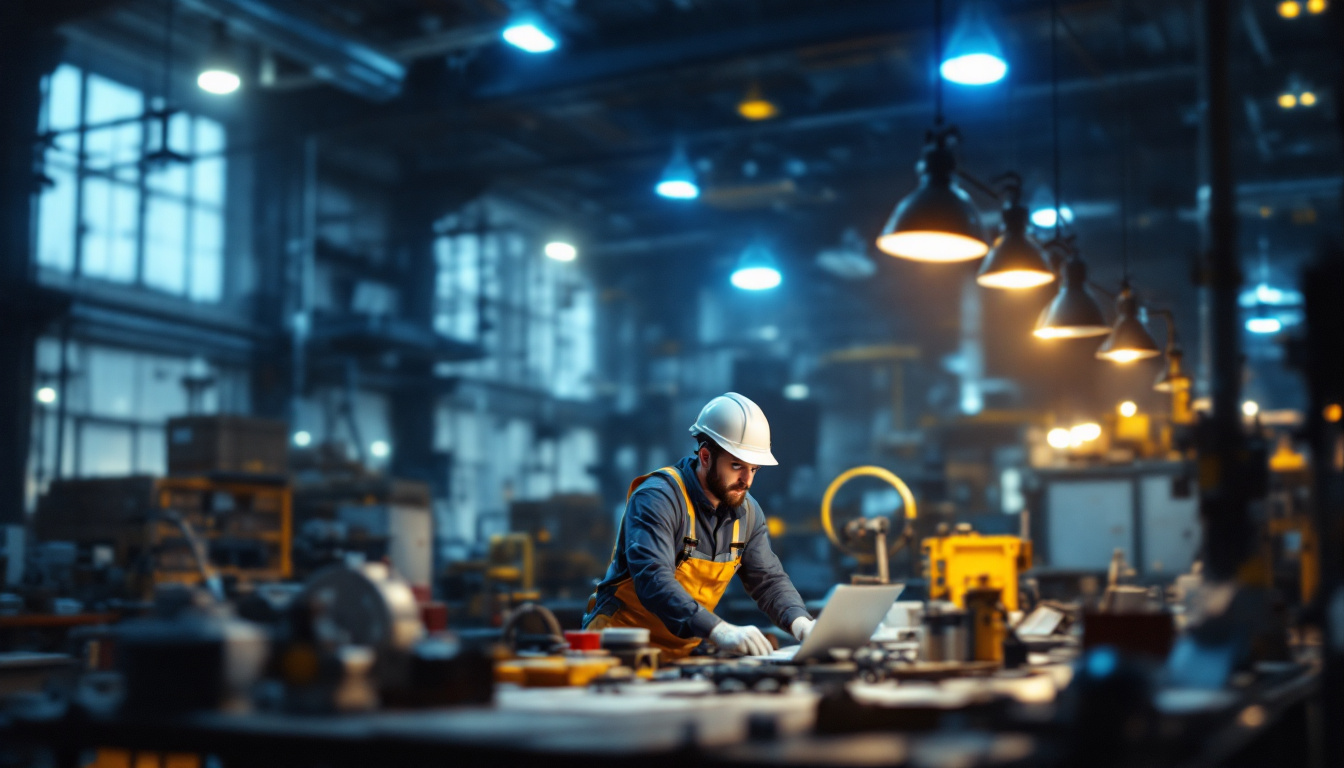 A photograph of a well-lit industrial workspace featuring barn lights with led technology