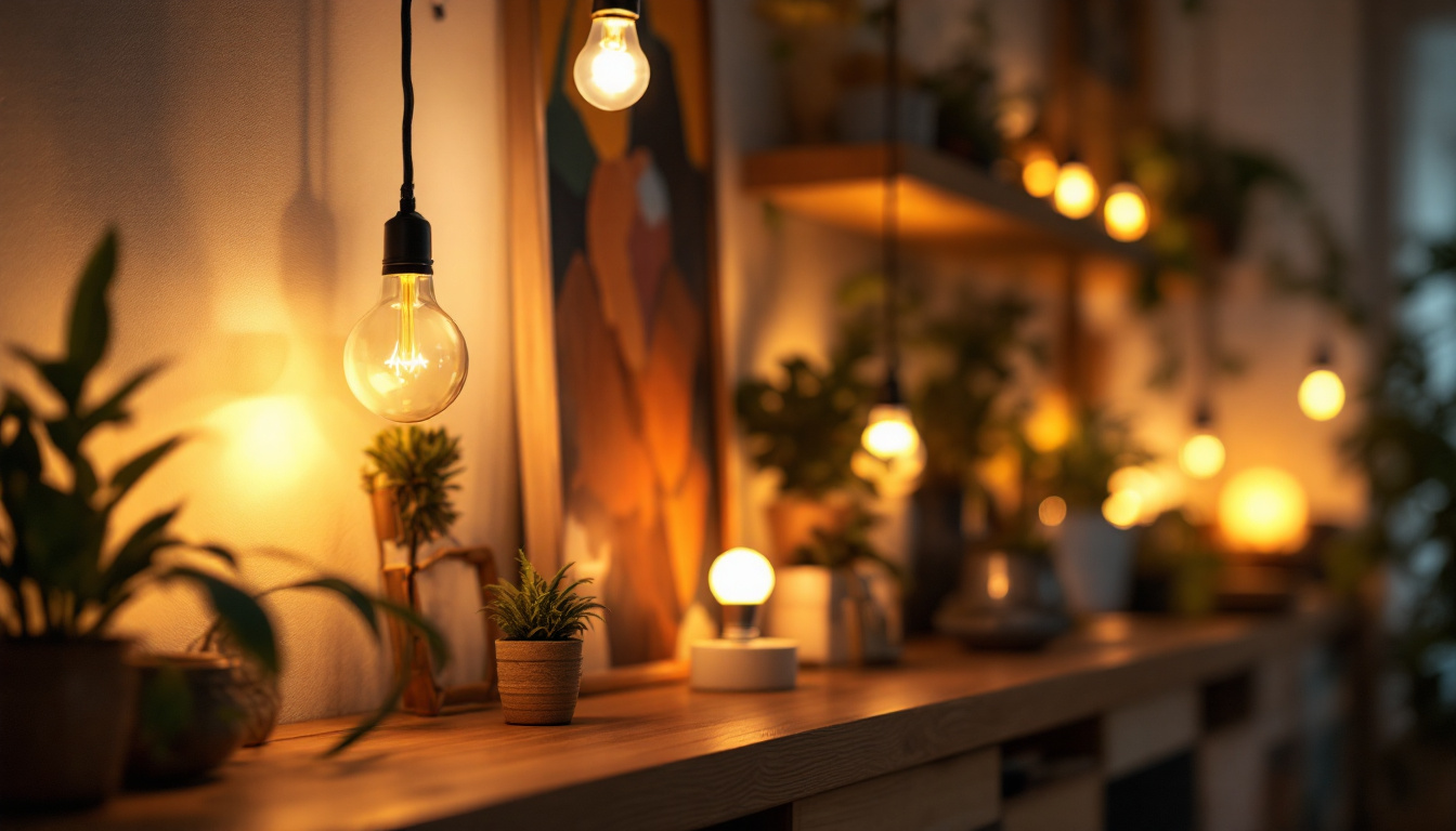 A photograph of a well-lit room showcasing various light bulbs in use