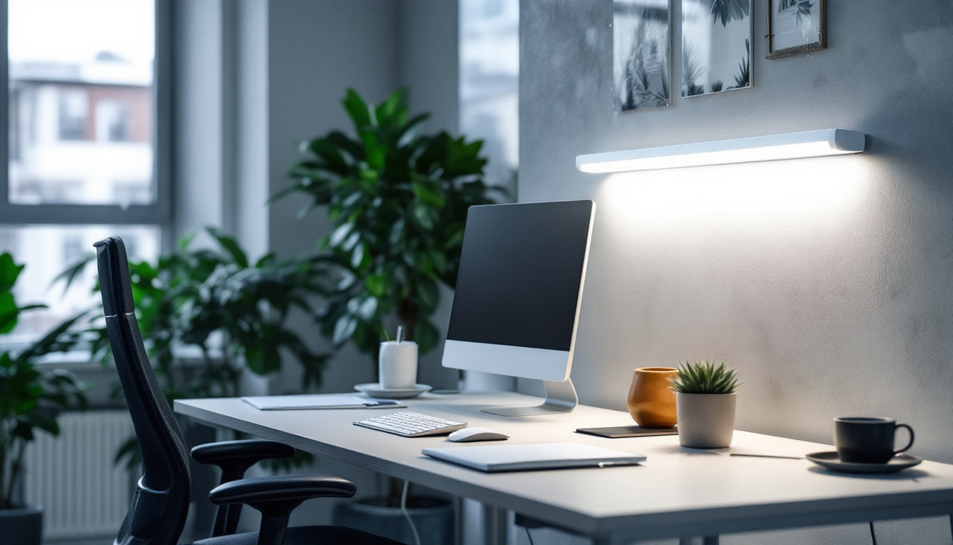 A photograph of a well-lit workspace featuring t5 led tube lights installed in a modern setting