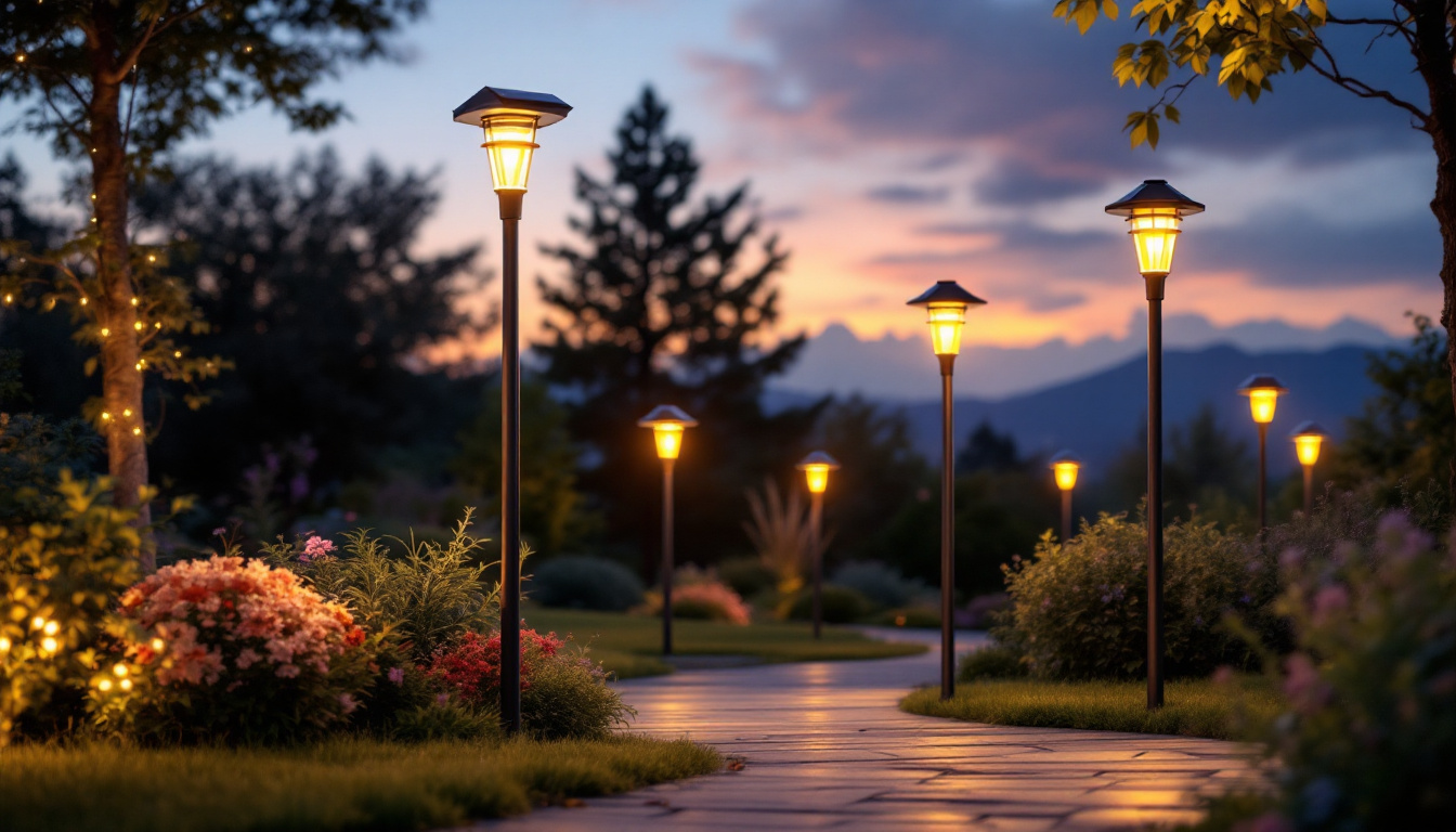 A photograph of a beautifully illuminated outdoor space featuring various solar-powered lights in action at dusk