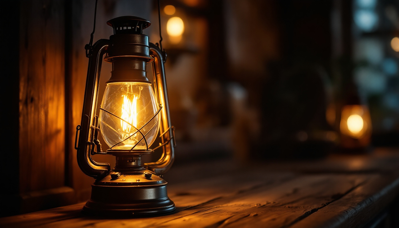 A photograph of an antique gas lantern in a dimly lit environment