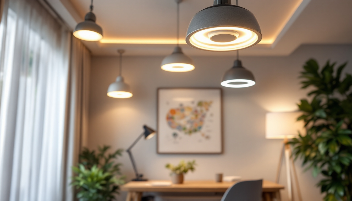 A photograph of a well-lit home interior showcasing various led lighting fixtures
