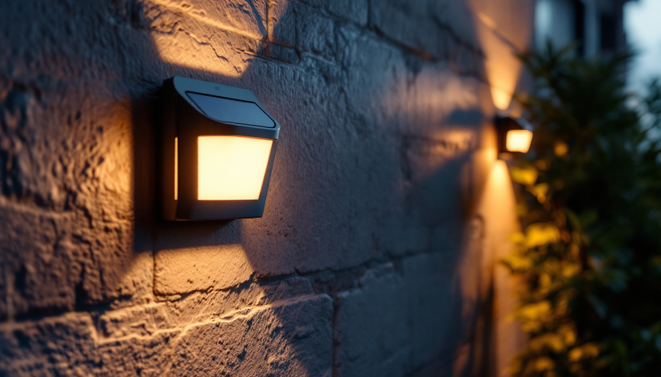 A photograph of capture a photograph of a beautifully designed outdoor solar lighting wall mount installed on a garden or patio wall