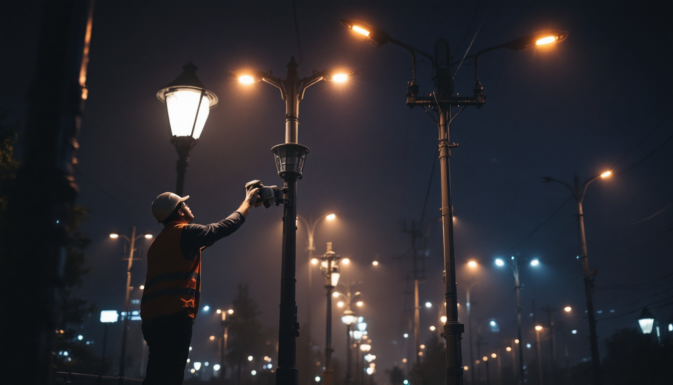 A photograph of a well-lit urban scene featuring various lamp poles