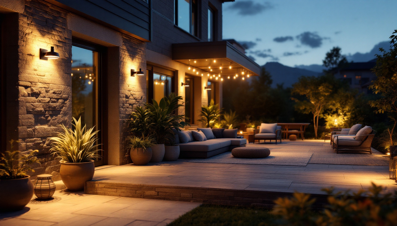 A photograph of a beautifully designed outdoor patio illuminated by industrial-style solar lights