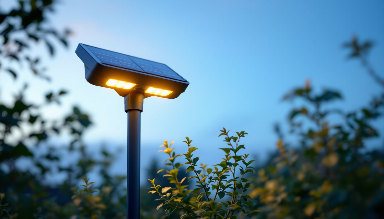 A photograph of a beautifully designed solar power yard light illuminating a garden or outdoor space at dusk