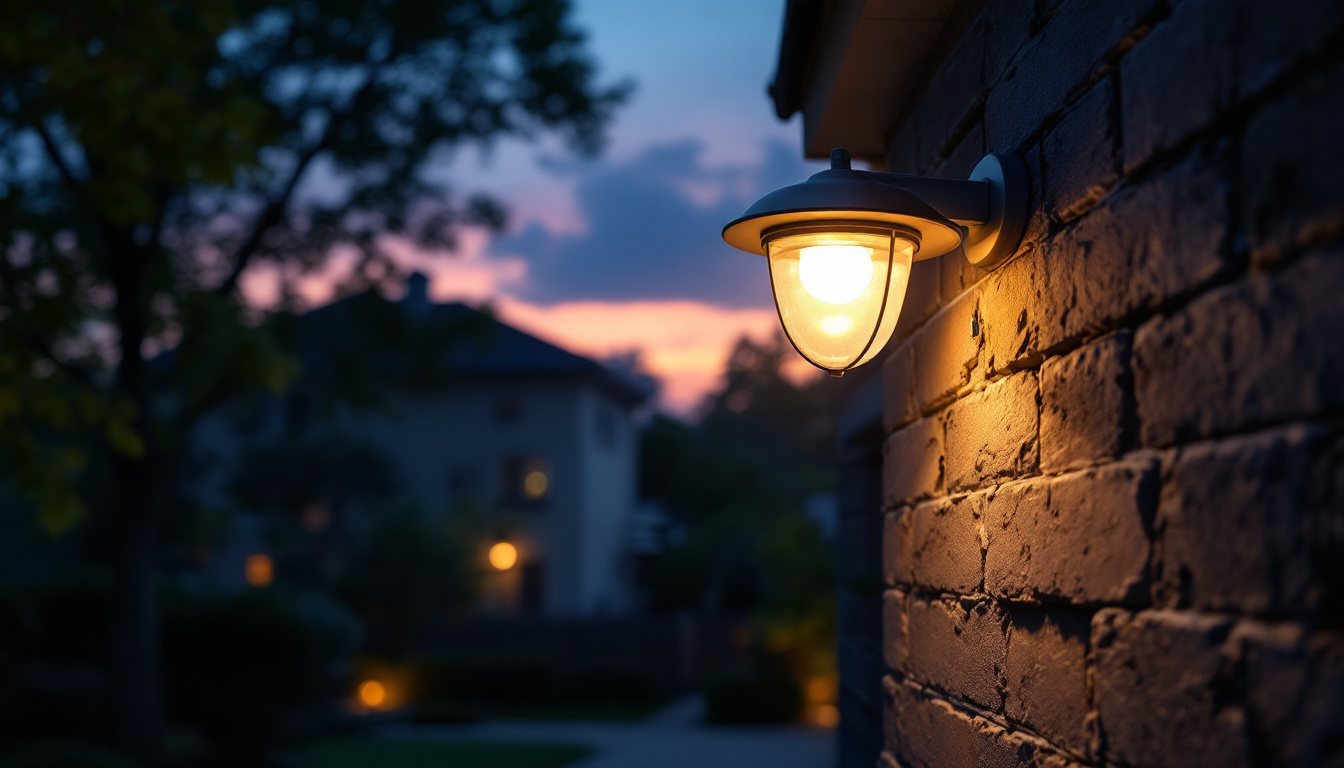 A photograph of a well-lit outdoor security lamp illuminating a residential area at dusk