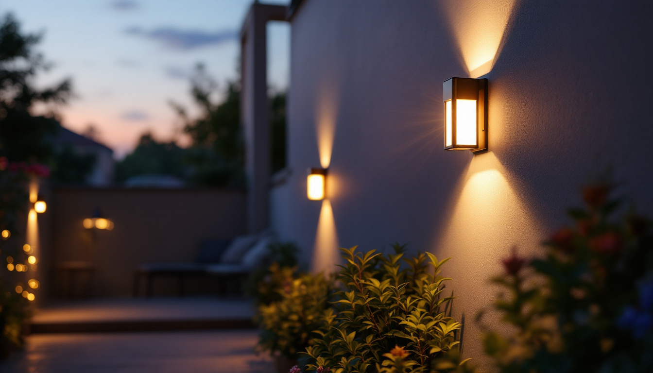 A photograph of a beautifully illuminated outdoor space featuring solar wall-mounted lights in action