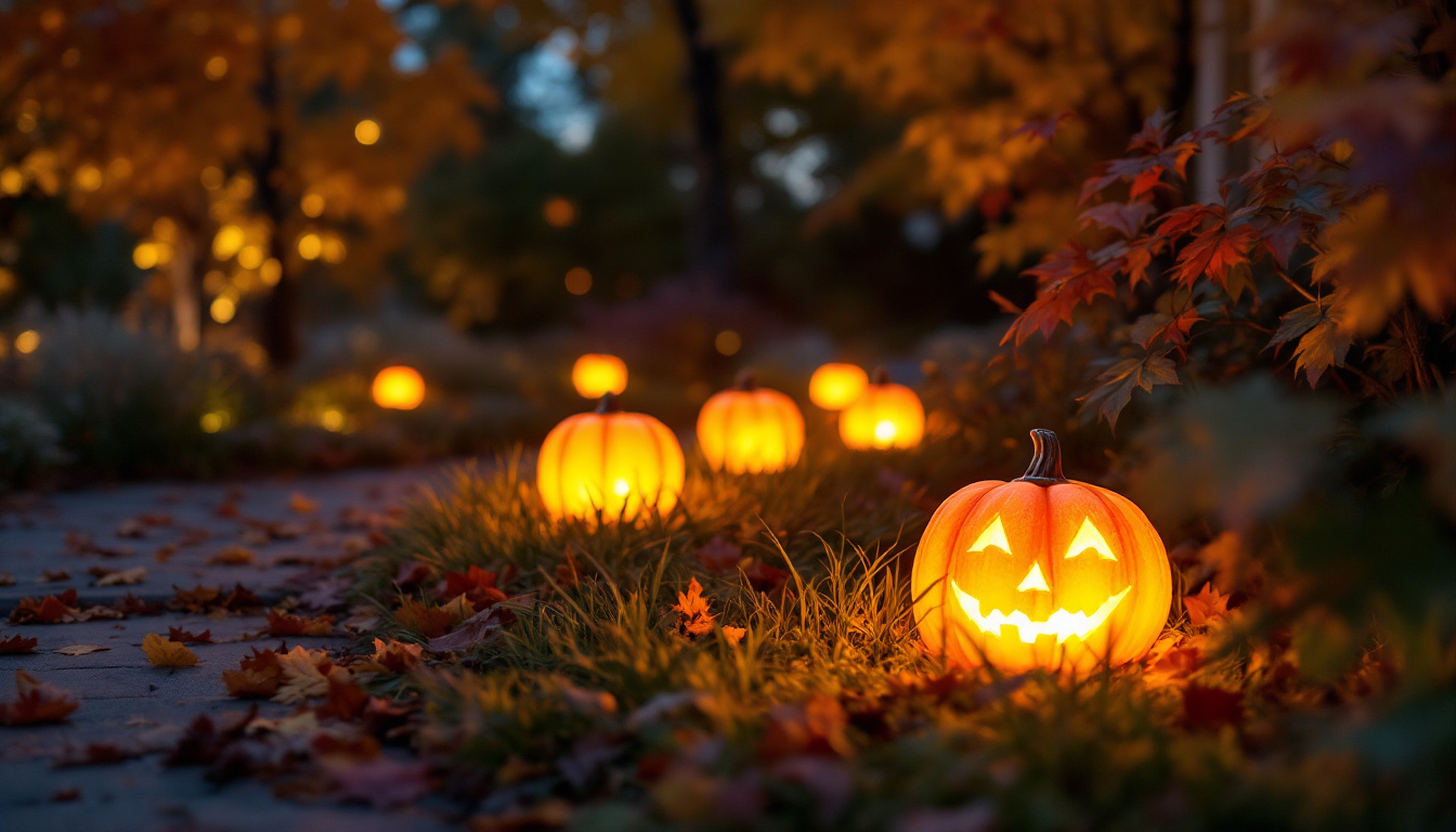 A photograph of a beautifully lit outdoor scene featuring solar-powered pumpkin lights illuminating a garden or pathway at dusk