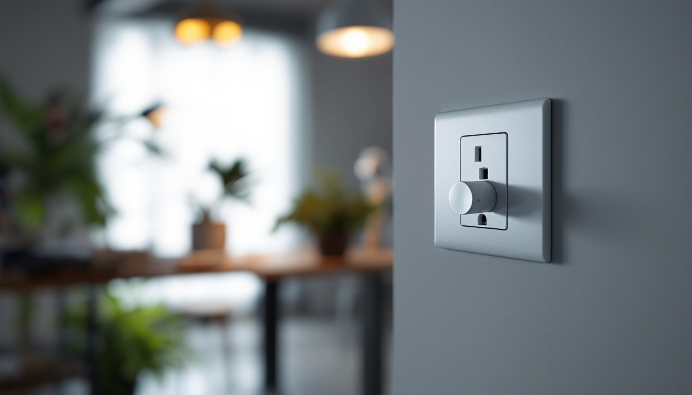 A photograph of a close-up of a single plug wall outlet in a well-lit environment