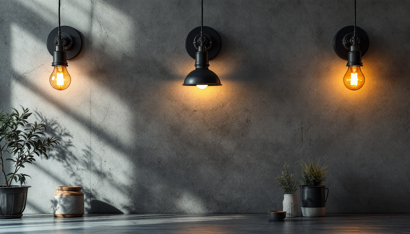 A photograph of a well-designed industrial space featuring wall-mounted industrial lights in action