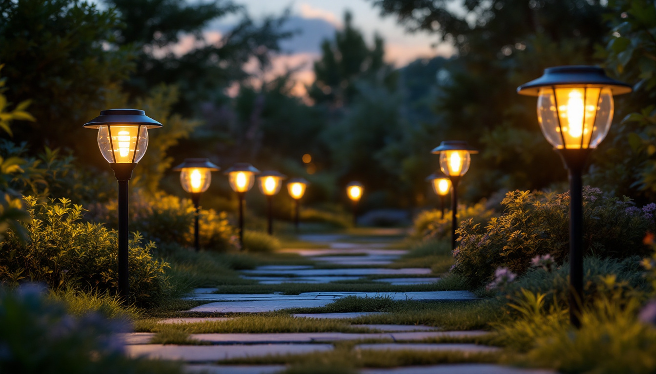 A photograph of a beautifully illuminated outdoor pathway lined with various styles of solar pathway lights