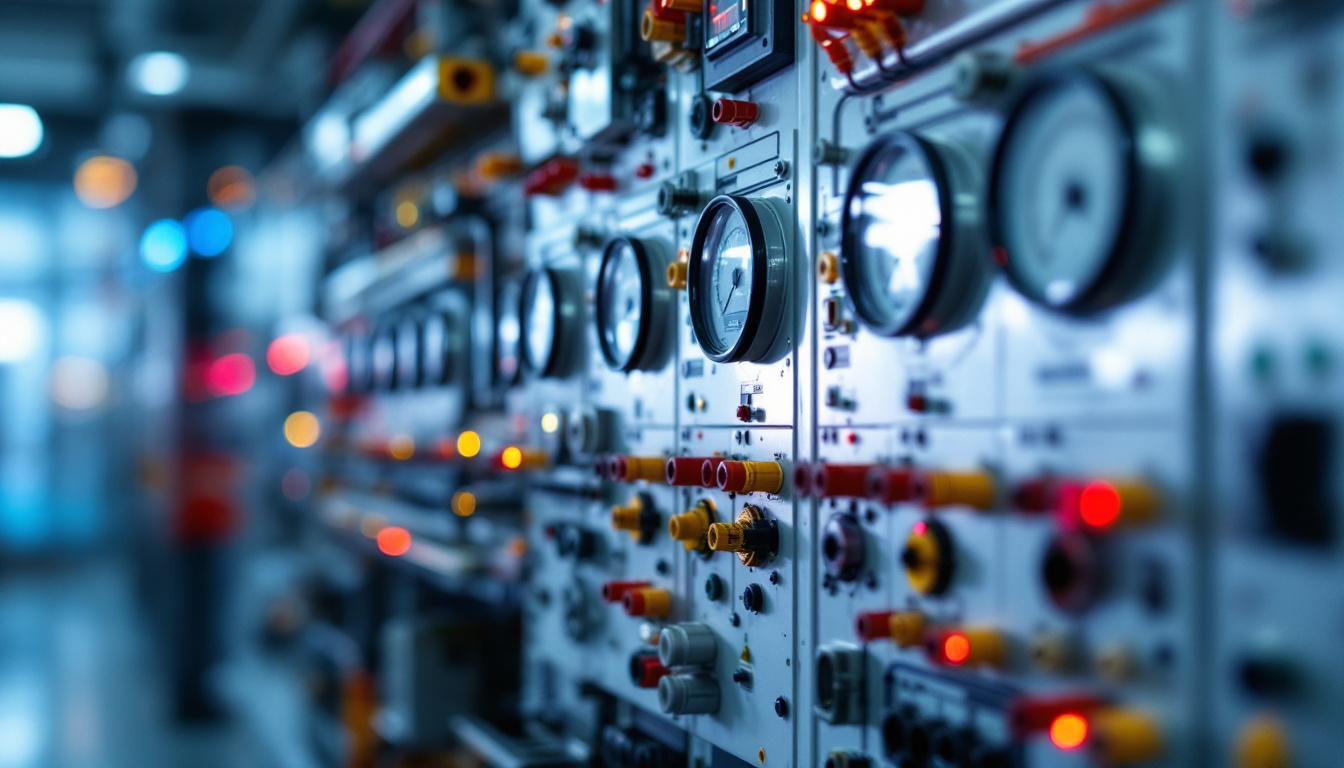 A photograph of a modern electrical control panel with visible gauges and meters