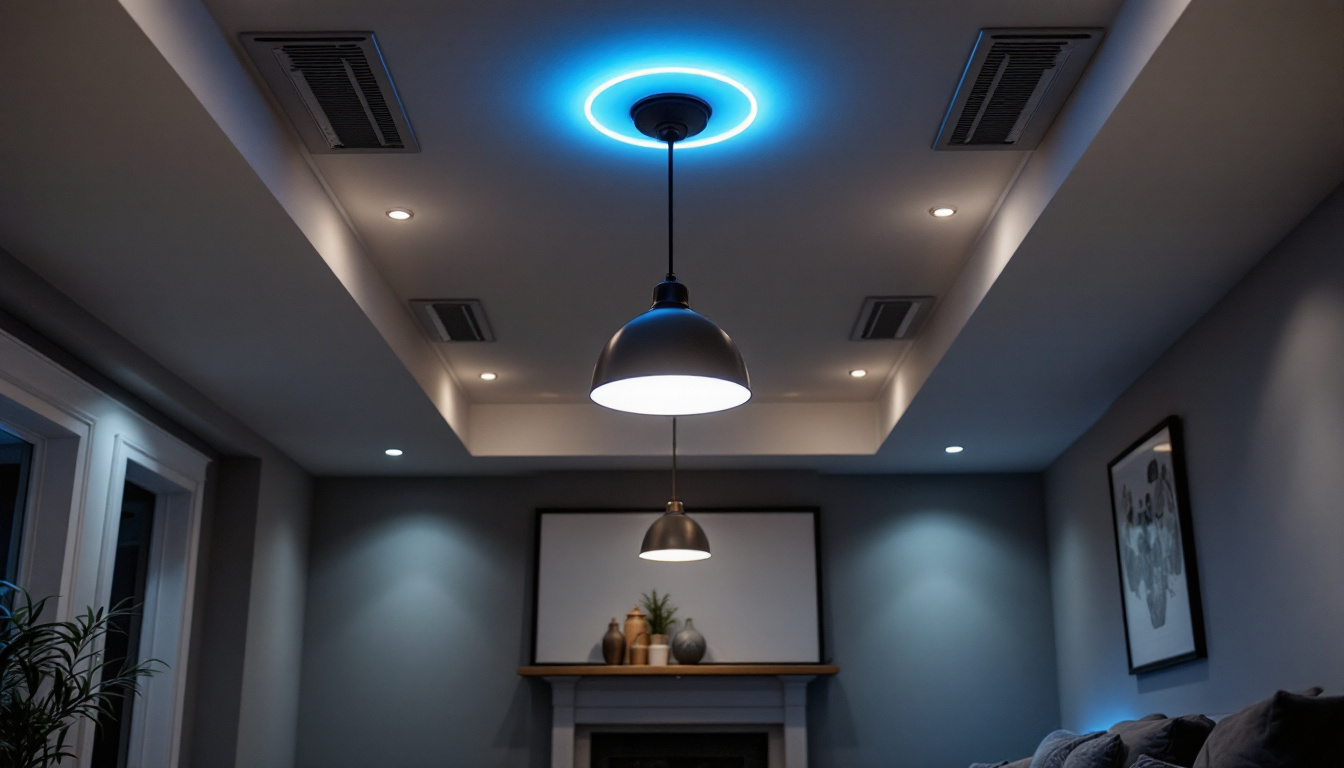 A photograph of a well-lit basement ceiling showcasing various lighting options