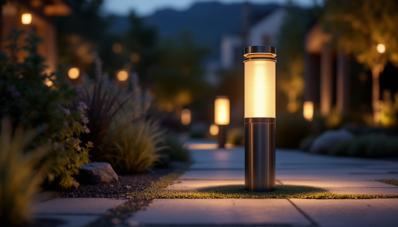 A photograph of a beautifully designed outdoor cylinder light fixture illuminating a landscaped area at dusk