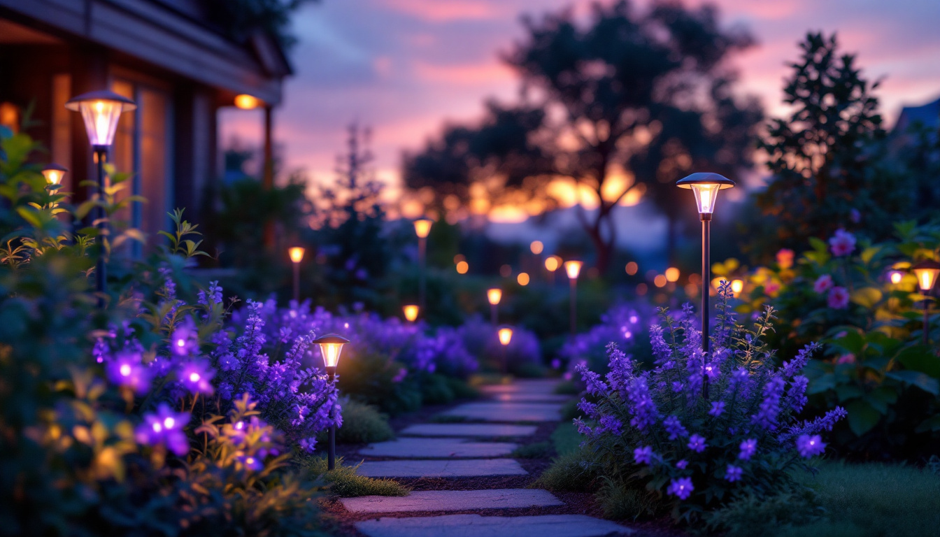 A photograph of a beautifully lit garden at dusk
