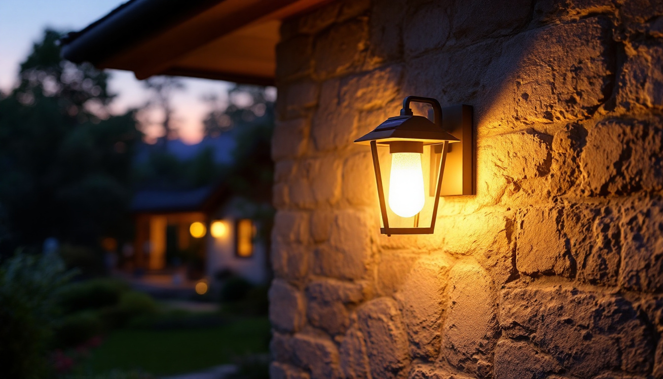 A photograph of a beautifully illuminated solar outdoor wall lantern mounted on a rustic exterior wall during twilight