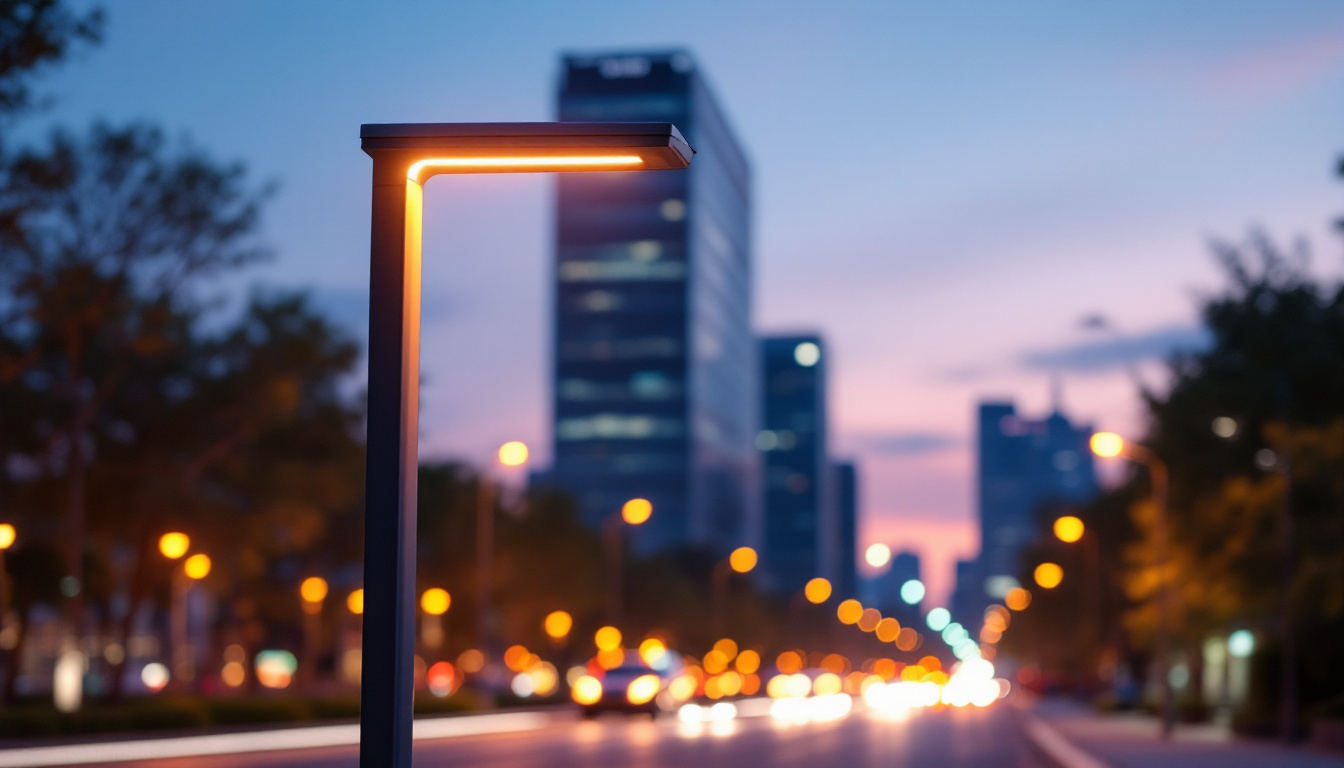 A photograph of a modern lamp post light fixture illuminated at dusk