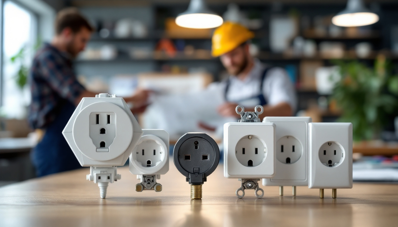 A photograph of a close-up of various electrical wall plugs and sockets in a well-lit environment